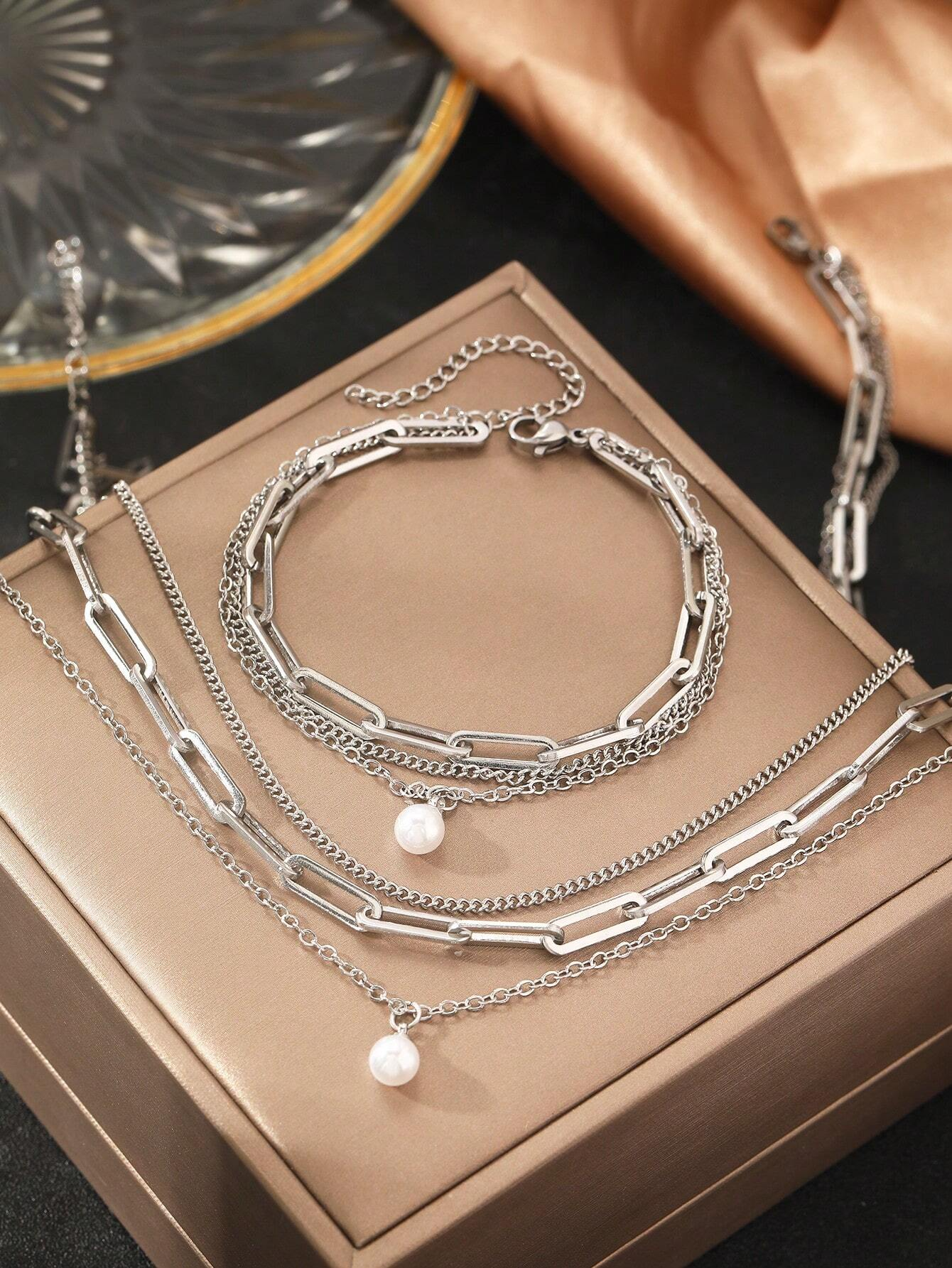 Conjunto de Colar e Pulseira de Pérola de Aço Inoxidável