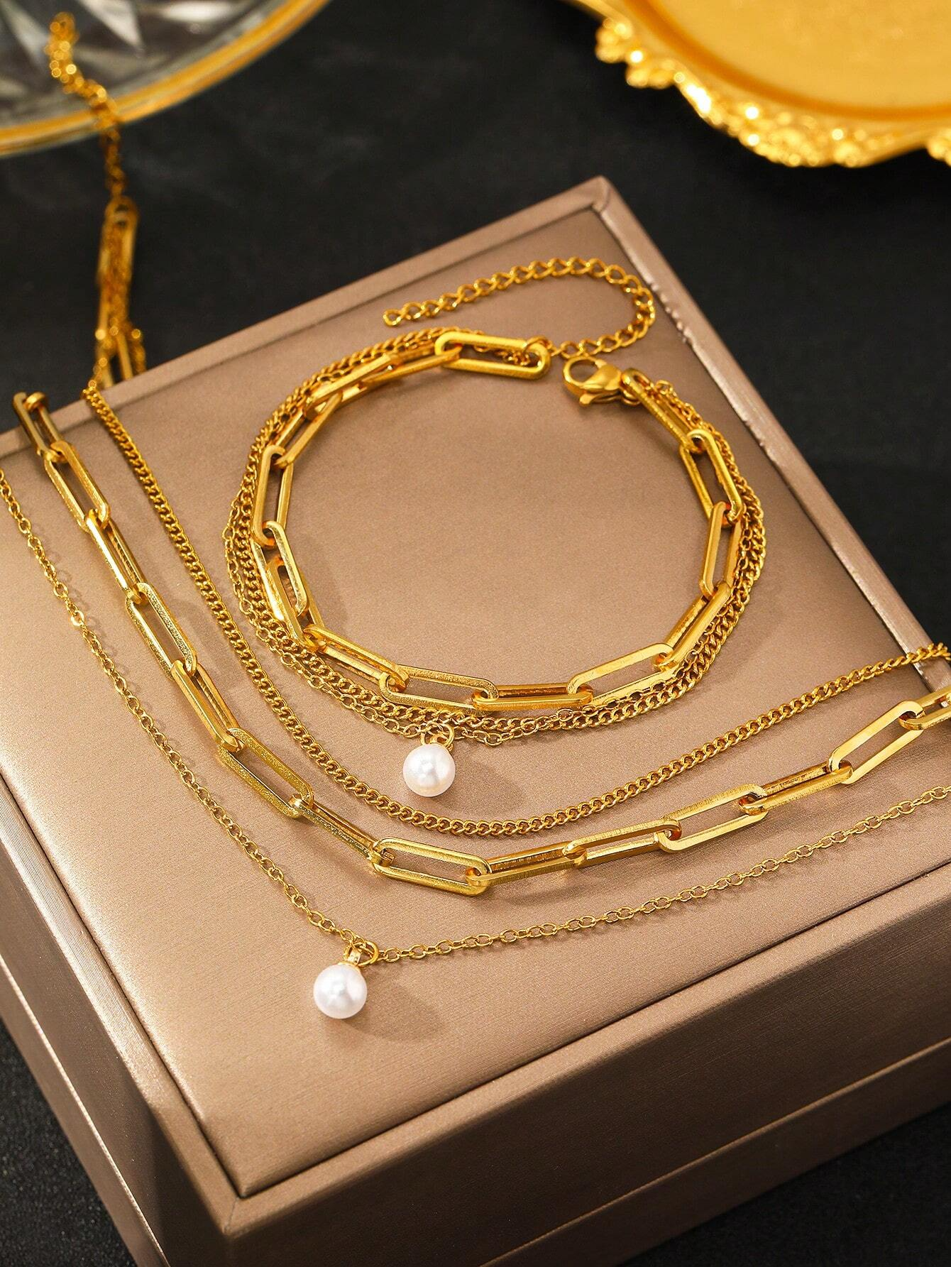 Conjunto de Colar e Pulseira de Pérola de Aço Inoxidável