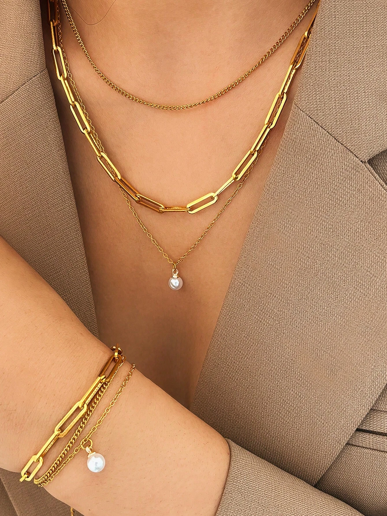 Conjunto de Colar e Pulseira de Pérola de Aço Inoxidável