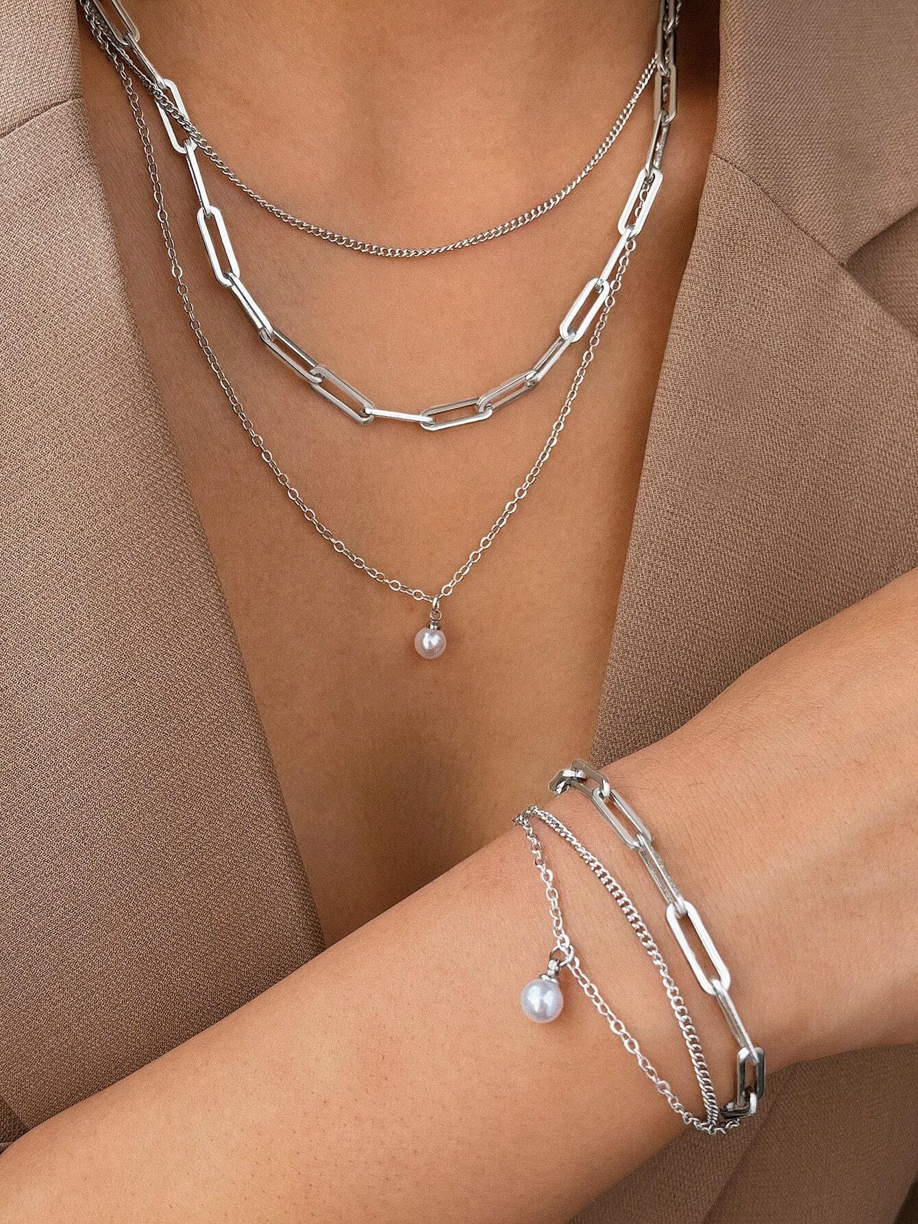 Conjunto de Colar e Pulseira de Pérola de Aço Inoxidável