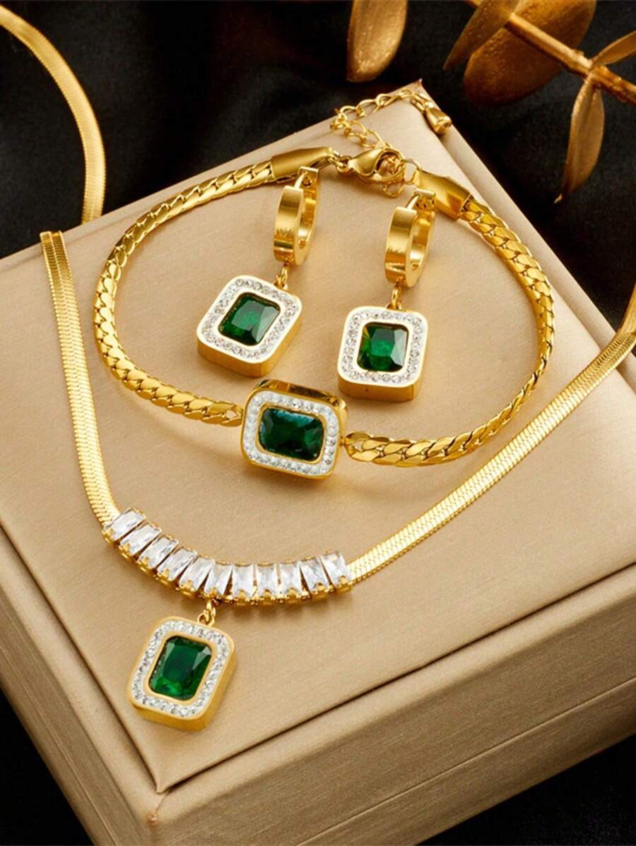 Conjunto Esmeralda Imperial - Colar com Pingente, Pulseira e Brincos de Aço Inoxidável