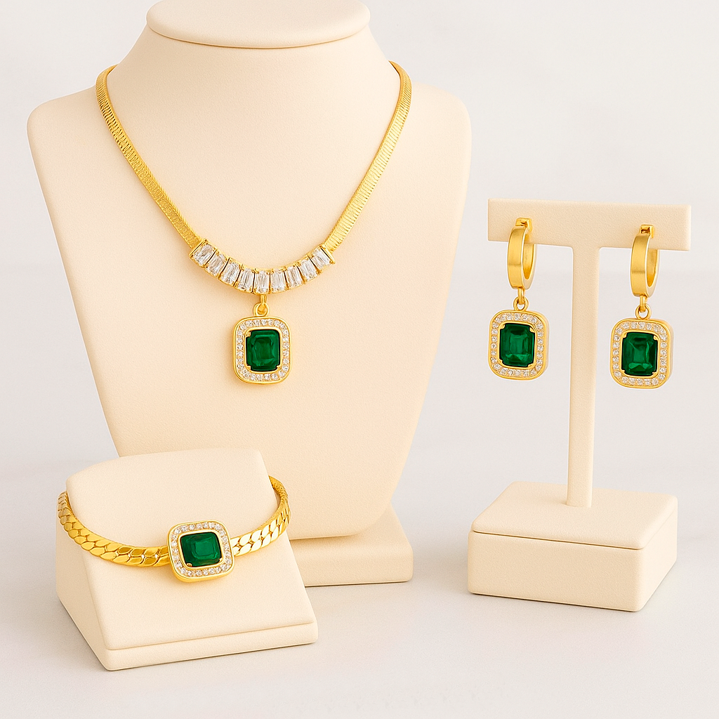 Conjunto Esmeralda Imperial - Colar com Pingente, Pulseira e Brincos de Aço Inoxidável