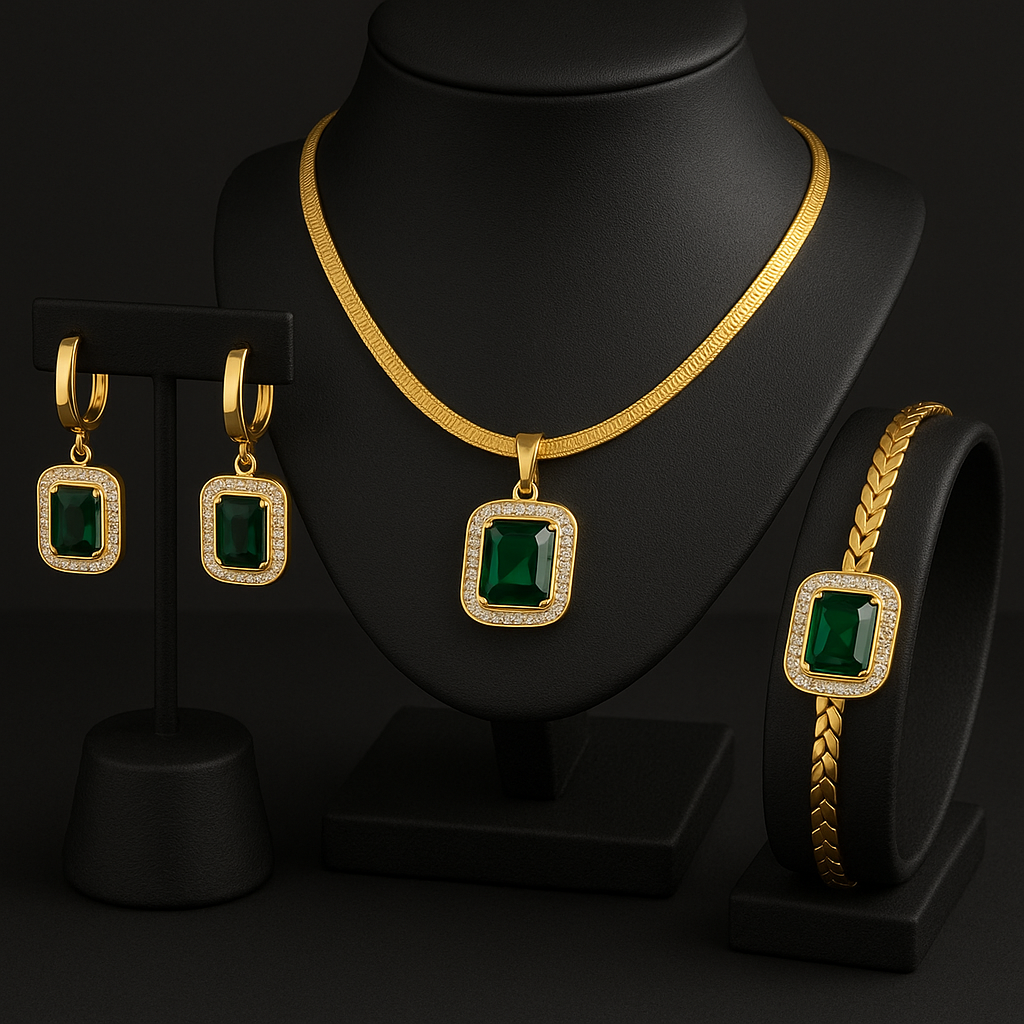 Conjunto Esmeralda Imperial - Colar com Pingente, Pulseira e Brincos de Aço Inoxidável