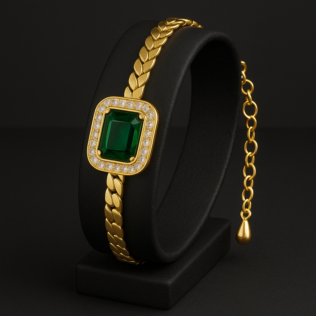 Conjunto Esmeralda Imperial - Colar com Pingente, Pulseira e Brincos de Aço Inoxidável