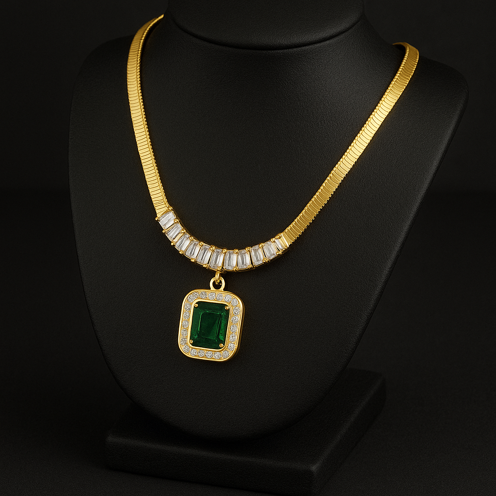 Conjunto Esmeralda Imperial - Colar com Pingente, Pulseira e Brincos de Aço Inoxidável