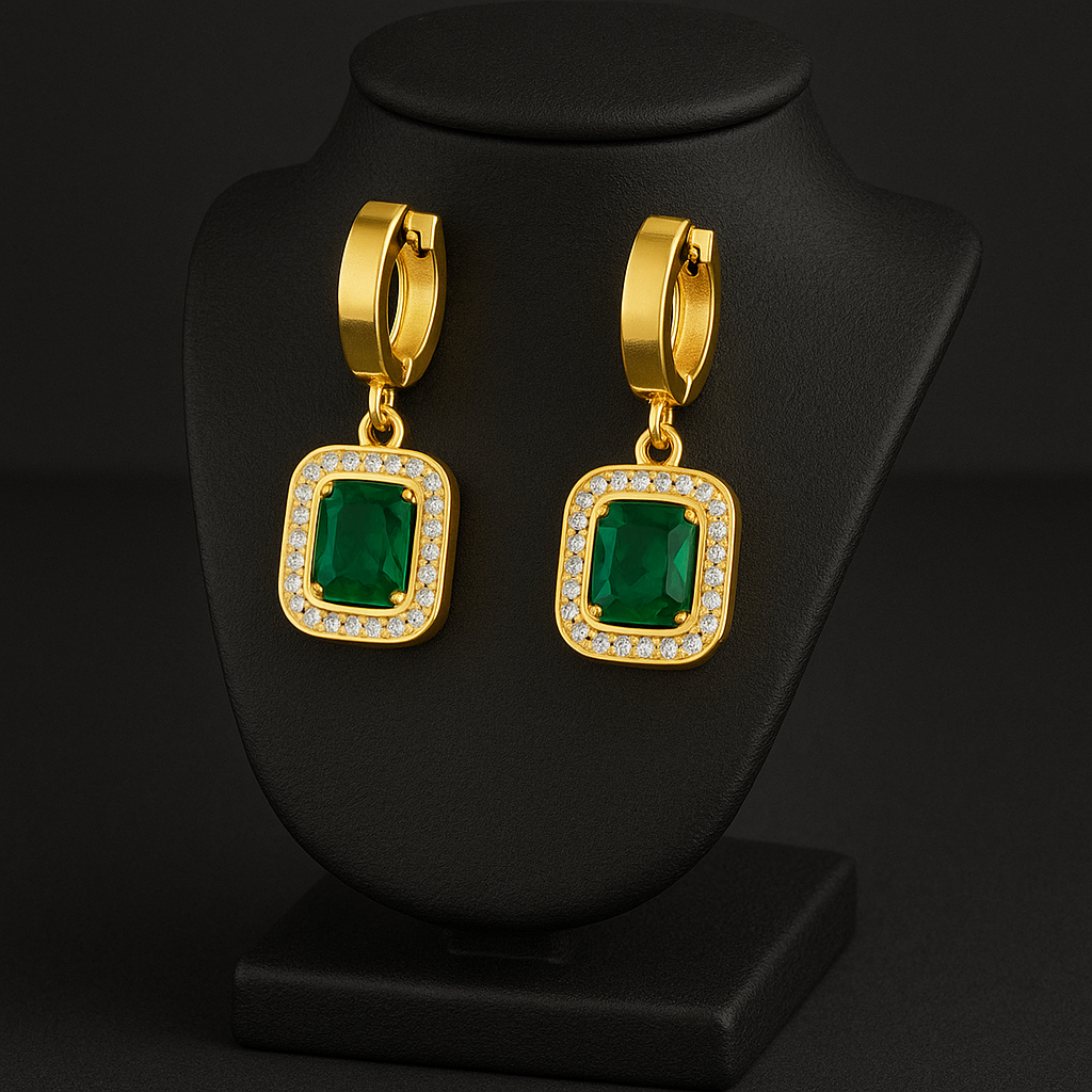 Conjunto Esmeralda Imperial - Colar com Pingente, Pulseira e Brincos de Aço Inoxidável