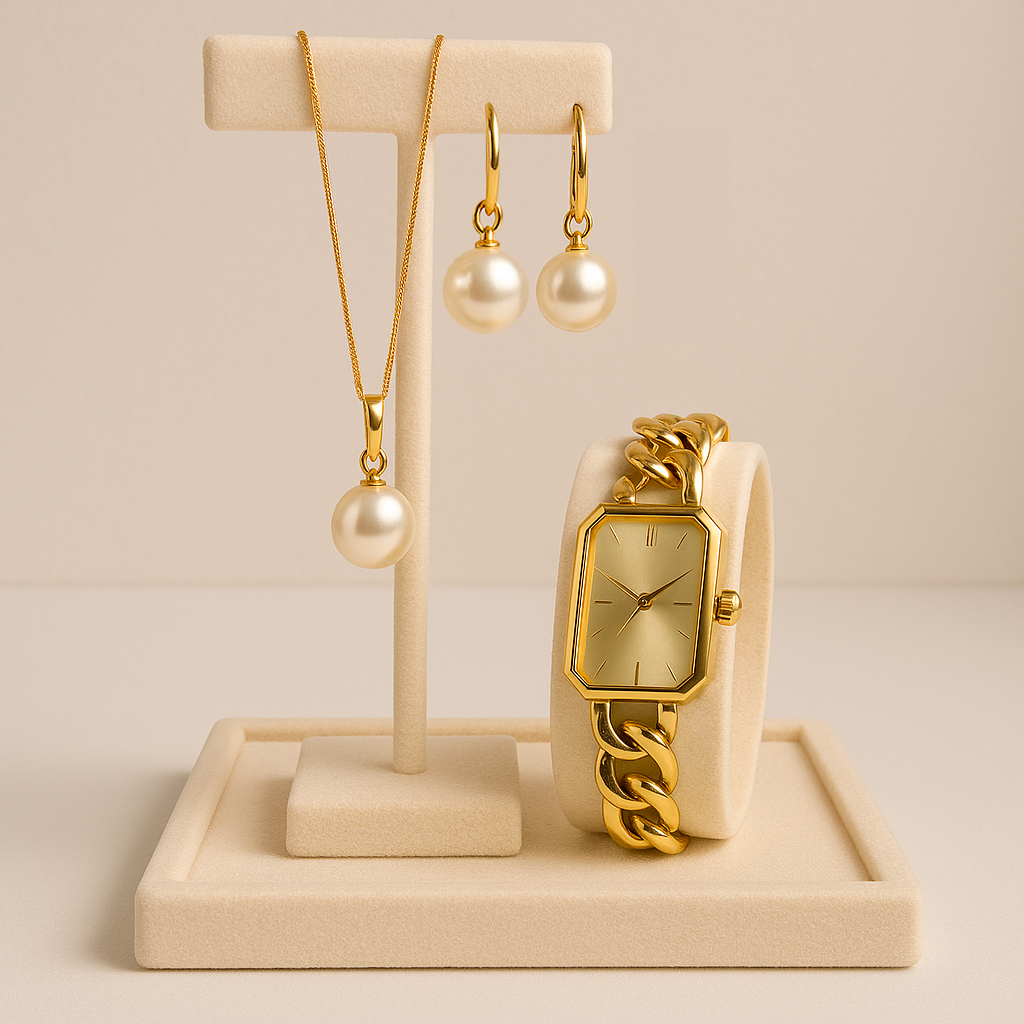 Kit Pérola Gold – Sofisticação que Atrai Olhares (4 Acessórios)